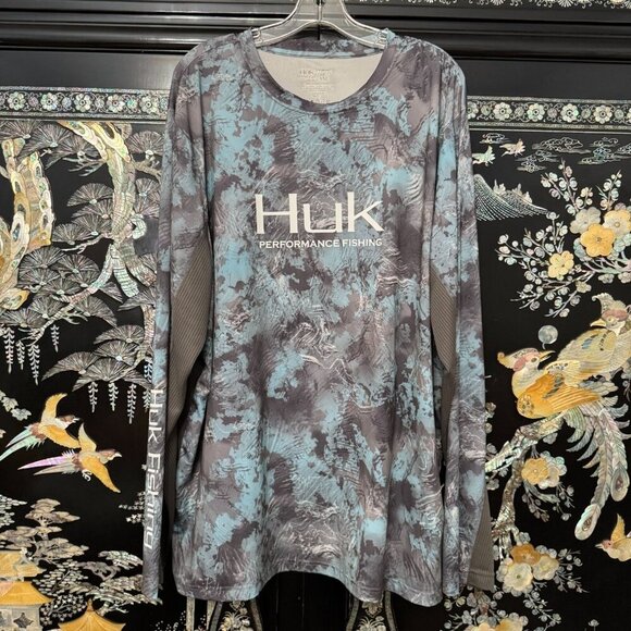 Huk Performance Fishing Long Sleeve XXL Shirt Blue Gray Camouflage Moisture-Wick - Picture 2 of 10